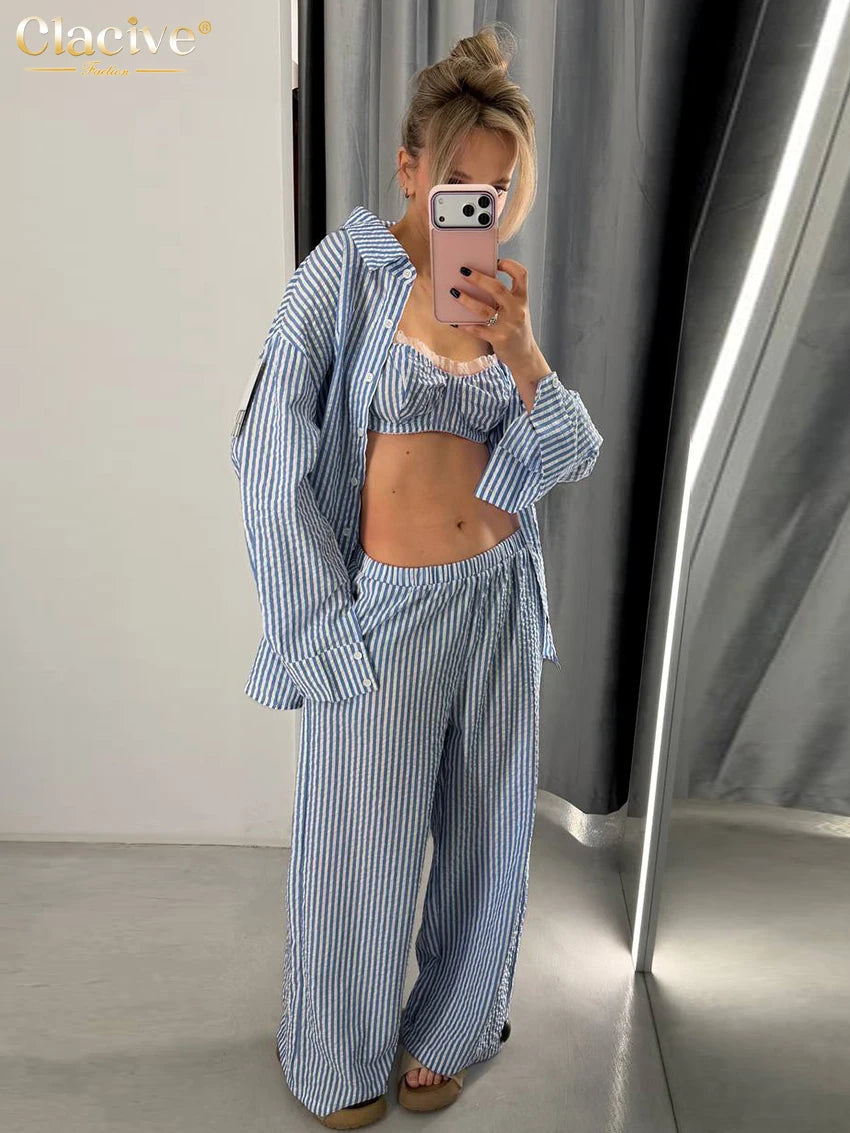 Clacive Fashion Blue Stripe Trousers Set 2 Piece Woman 2026 Elegant Long Sleeve Shirt + Bra With High Waist Wide Pants Set Femal