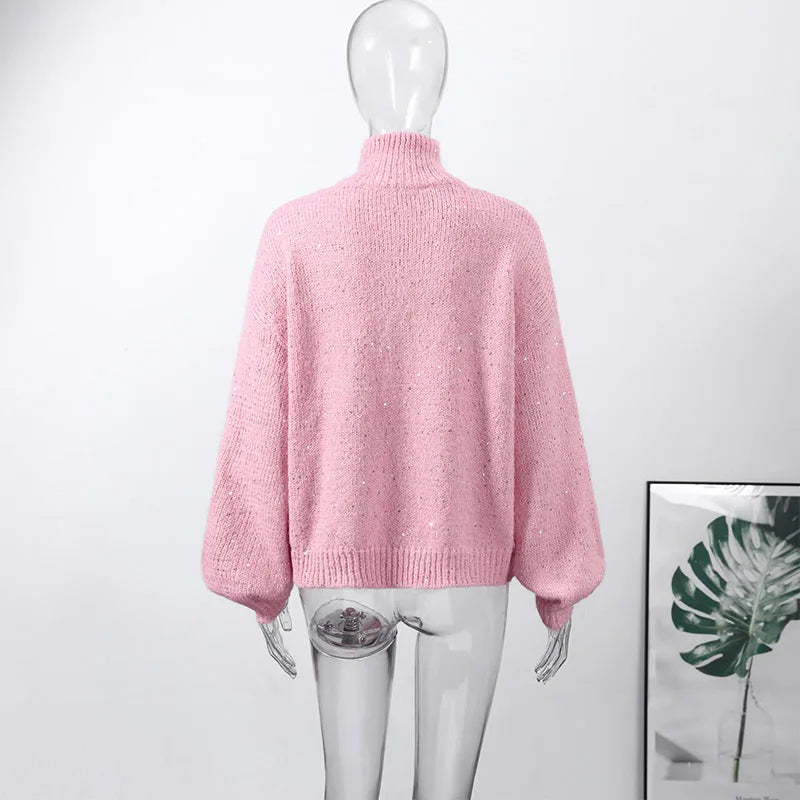 Casual Pailletten Lose Pullover Frauen Volle Hülse Gestrickte Solide Shinny Revers Reißverschlüsse Pullover Weibliche 2026 Frühling Dame Outwears