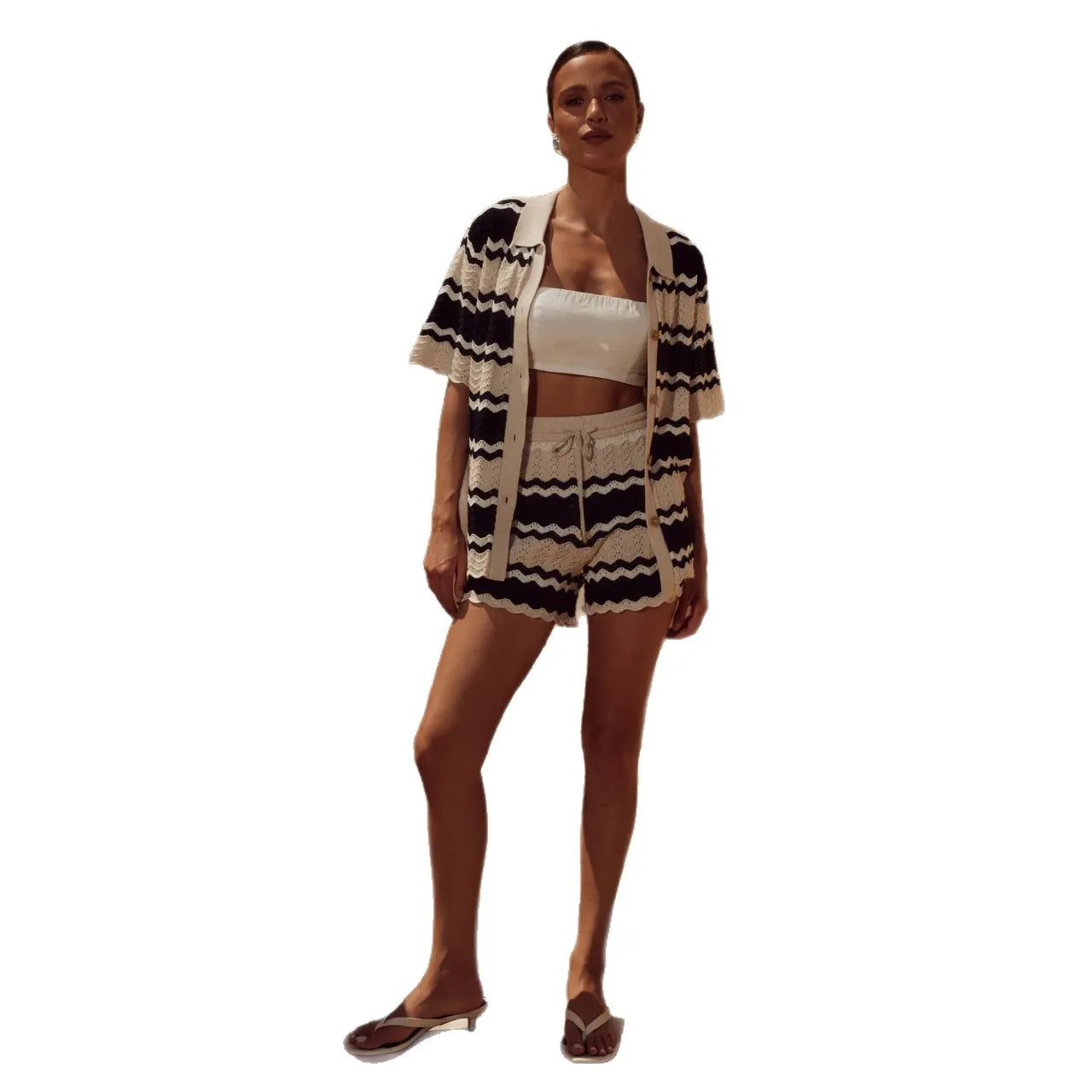 Women'S Summer Knited 2 Two Pieces Sets Suit Hollow Out Short Sleeve Single Breasted Tops And Shorts Pants Beach Holiday
