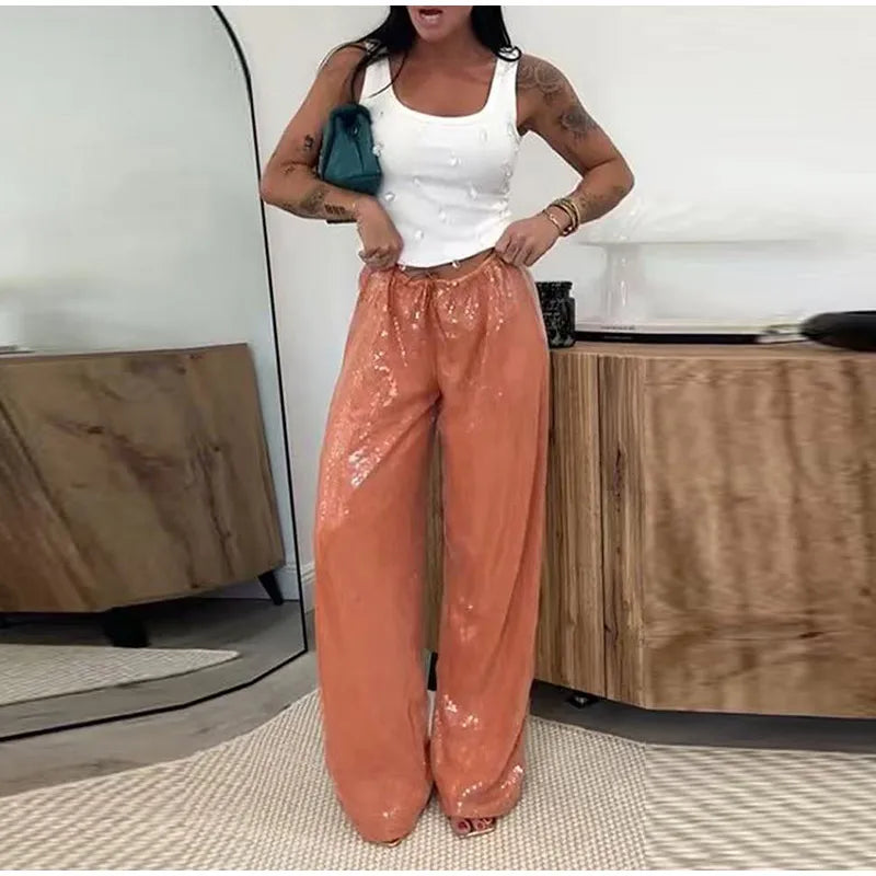Fashion Sequin Loose Pants Women Solid Drawstring High Waist Wide Leg Trousers Female 2026 Fashion Summer Shinny Bottom Lady