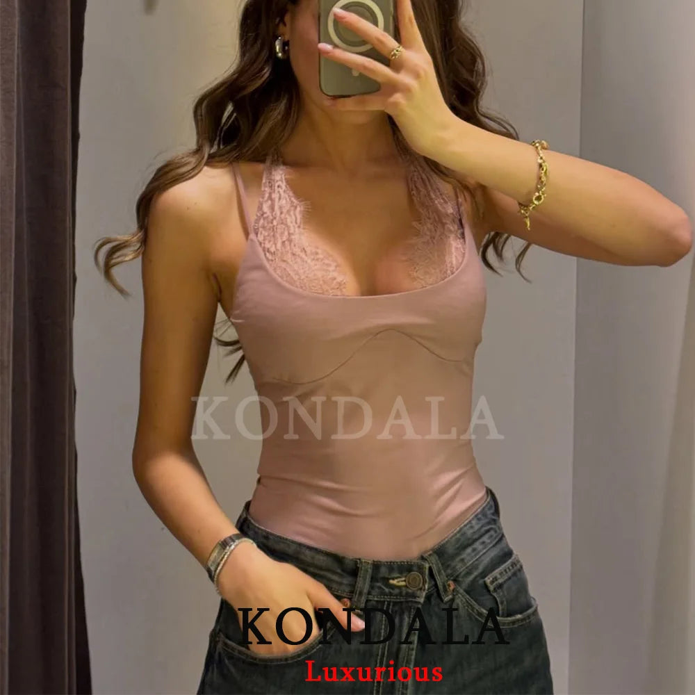 KONDALA Trendy Party Sexy Women Jumpsuit Patchwork Lace Halter Backless Bodysuit New Fashion 2026 Spring Summer Holiday Jumpsuit