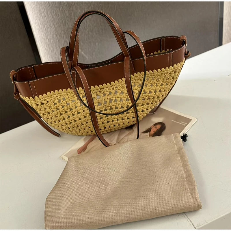 Women Straw 2in1 Woven Bag Fashion Plush Wings Armpit Bag Large Capacity Dumpling Straw Shoulder Bag For Summer Beach Bucket Bag