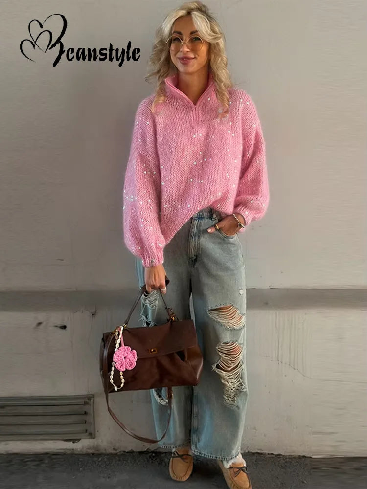 Casual Pailletten Lose Pullover Frauen Volle Hülse Gestrickte Solide Shinny Revers Reißverschlüsse Pullover Weibliche 2026 Frühling Dame Outwears