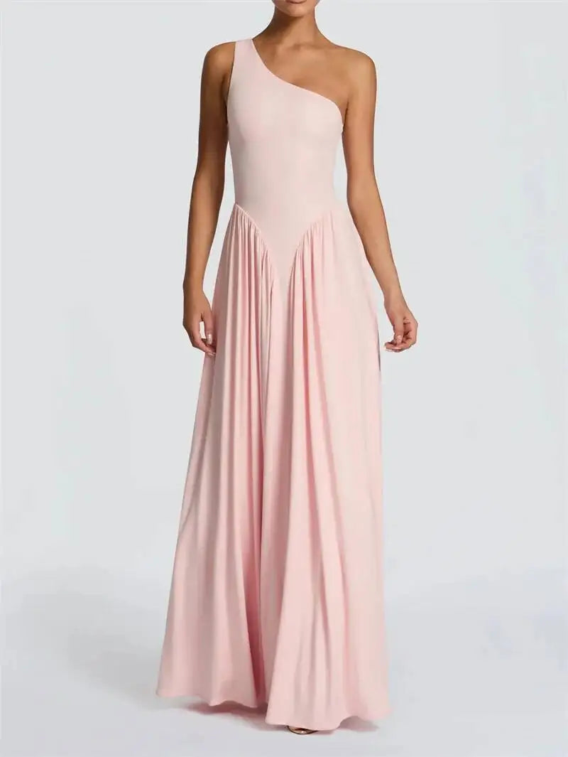 Mozision One Shoulder Backless Sexy Maxi Dress Women Elegant Diagonal Collar Sleeveless Bodycon Pleated Club Party Long Dresses