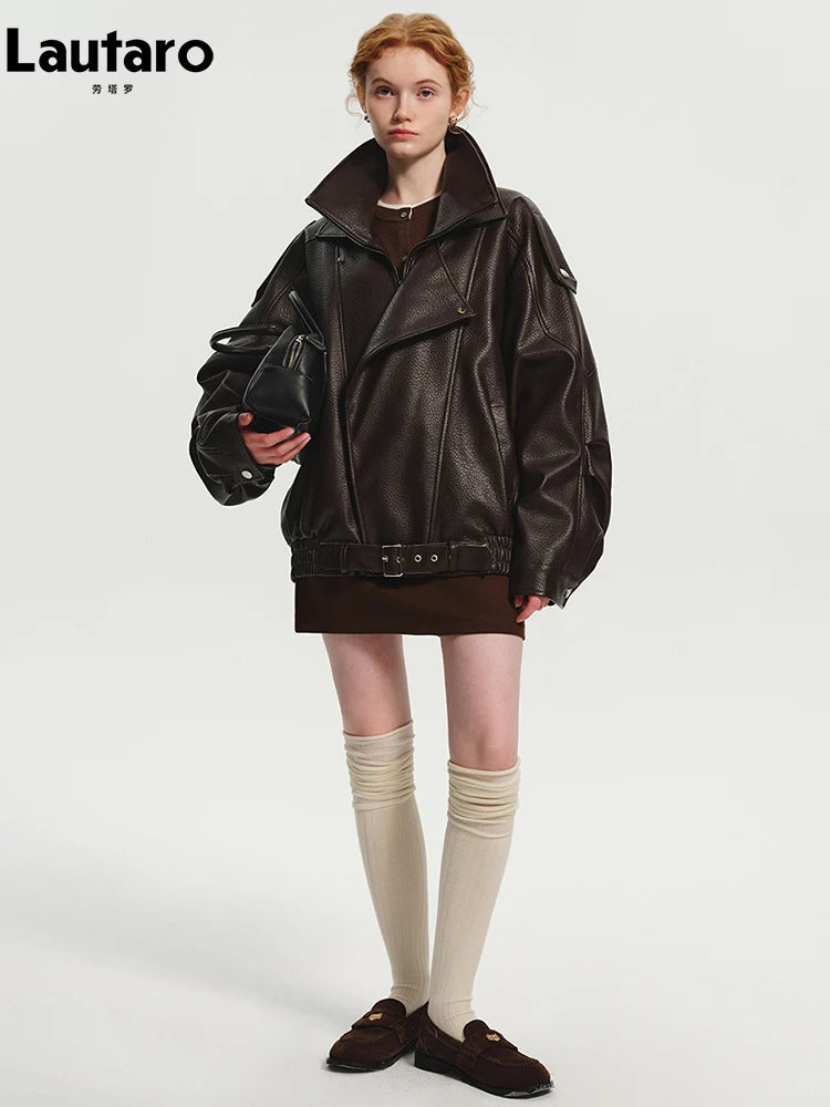 Lautaro Frühling Herbst Kühle Braun Übergroße Pu Leder Jacke Frauen Langarm Zip Up Luxus Designer Amerikanische Retro Kleidung