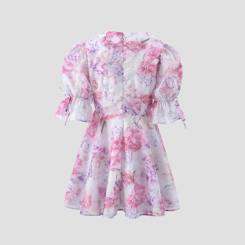 Chic Floral Printed Mini Dress Backless Sleeveless Hem Stacking Dresses Sweet A Line Vestidos 2025 New Lady Party Club Clothing