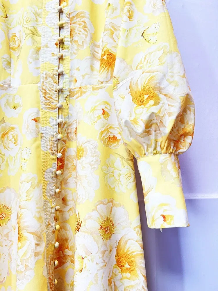 Elegant Floral Print Mini Dress 2025 New Style Stand Collar Single Button Belt Lantern Sleeve Holiday Maxi Skirt Dress
