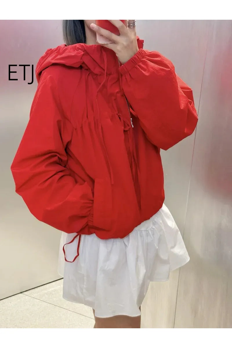 ETJ Damenjacke mit Kapuze und Kordelzug sowie elastischen Bündchen und Saum – Roter, übergroßer Kurzmantel mit Blasenärmeln