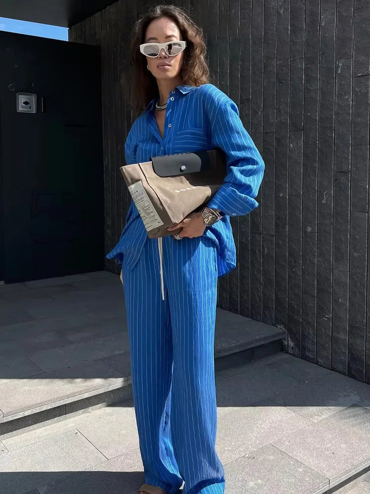 HH Women Striped Pants Suit Loose Lapel Long Sleeve Pocket Single-breasted Blouse+Summer Pajama Style Drawstring Pants