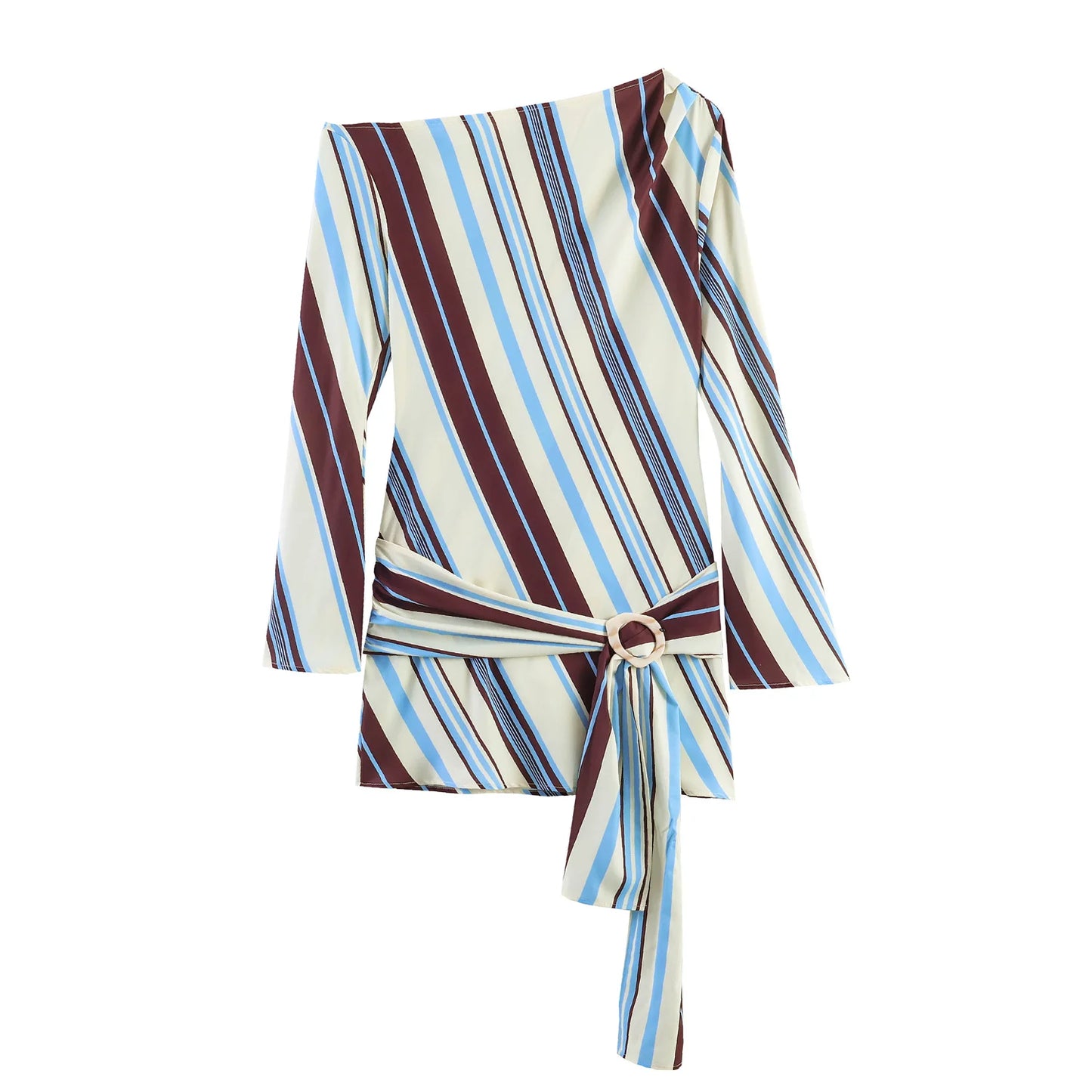 TFMLN New Women Striped Resort Dress Chic One Shoulder Tie Waist Long Sleeve Mini Dresses Female Slim Fashion Beach Lady Outfit