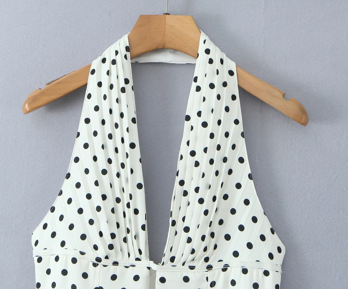 YENKYE Französisch Stil Retro Polka Dot Tiefem V Halter Kleid Frauen Sexy Backless A-linie Schlank Süße Elegante Mini Kleider Sommer Robe