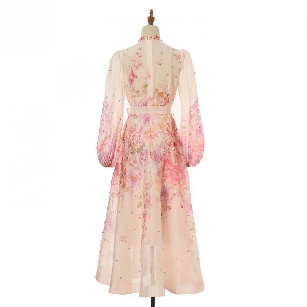 Spring Summer 2026 New Style Long Skirt Dress Women's Maxi Dress Diamond Floral Print High Waist Long Sleeve Street Style Ele...