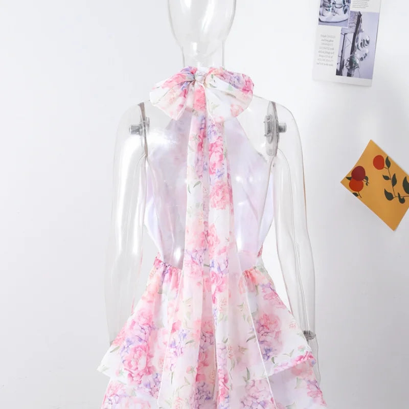 Chic Floral Printed Mini Dress Backless Sleeveless Hem Stacking Dresses Sweet A Line Vestidos 2025 New Lady Party Club Clothing