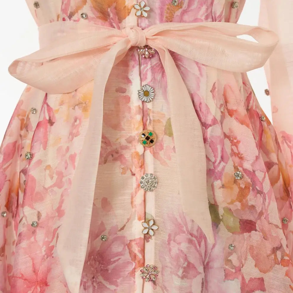 Spring Summer 2026 New Style Long Skirt Dress Women's Maxi Dress Diamond Floral Print High Waist Long Sleeve Street Style Ele...