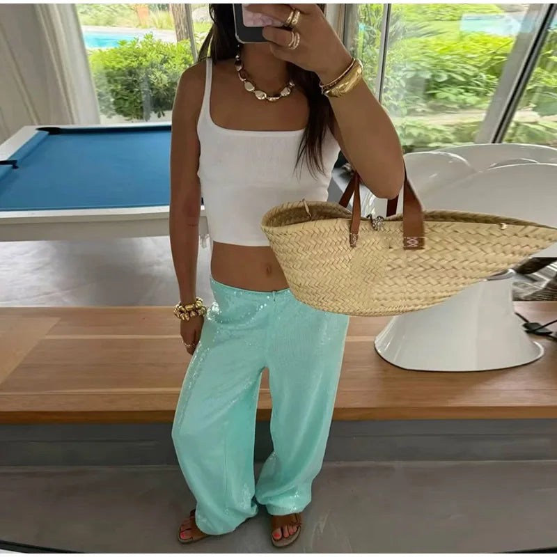 Fashion Sequin Loose Pants Women Solid Drawstring High Waist Wide Leg Trousers Female 2026 Fashion Summer Shinny Bottom Lady