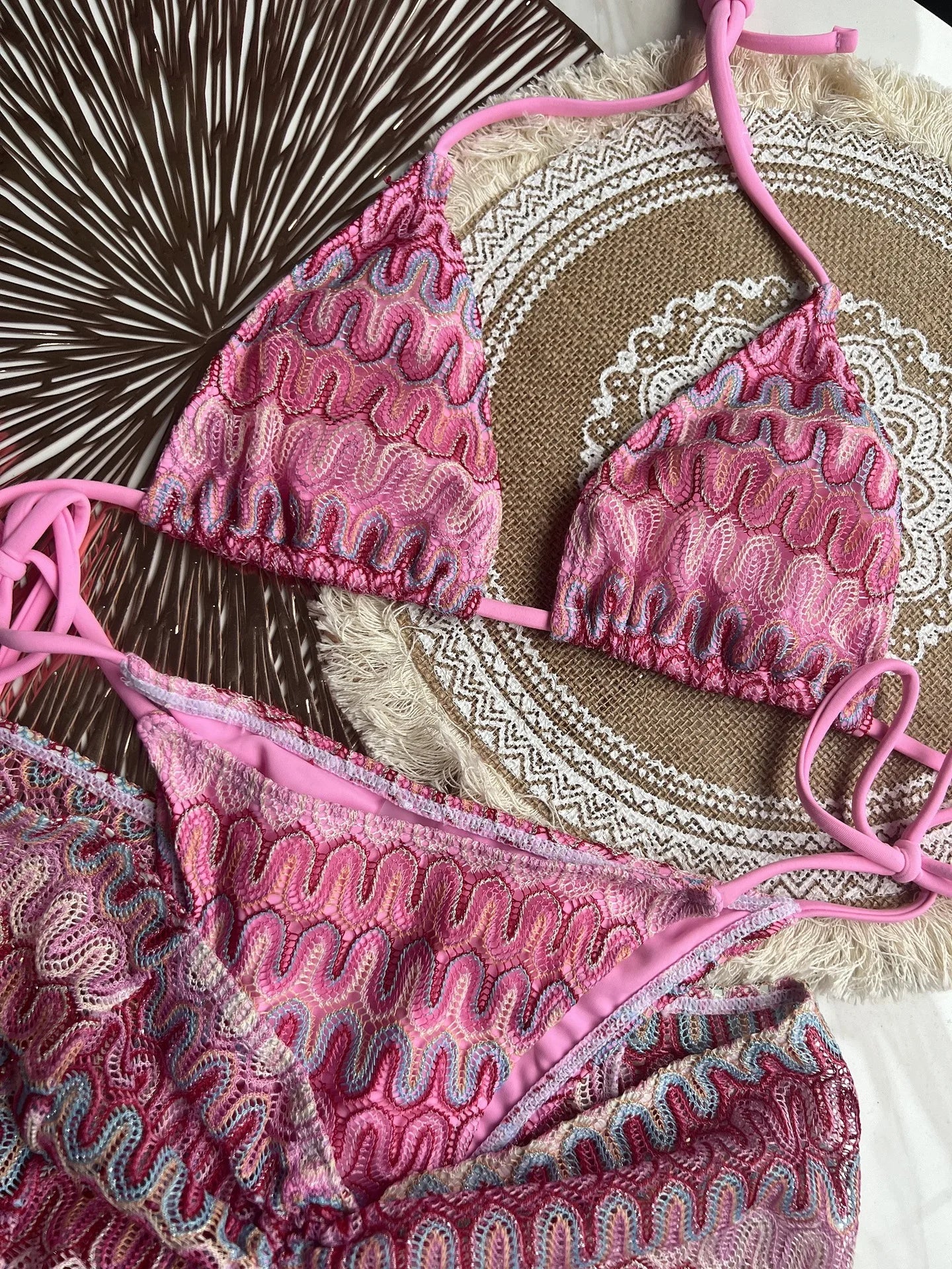 2025 New 3 Pieces Bikinis Sets Knitted Stripe With Skirt Knitting Beachwear Sexy Women's Swimsuit Cover-ups Strappy Beach Wear