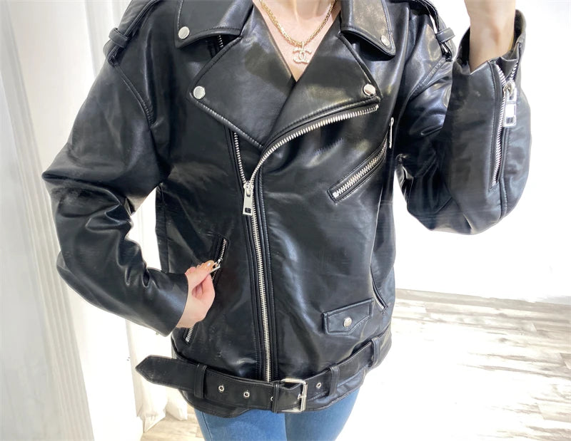 Neue 2025, Damen-Motorrad-Leder, PU-Kunstleder, lockere Jacke, schwarze Jacke