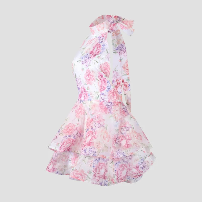 Chic Floral Printed Mini Dress Backless Sleeveless Hem Stacking Dresses Sweet A Line Vestidos 2025 New Lady Party Club Clothing