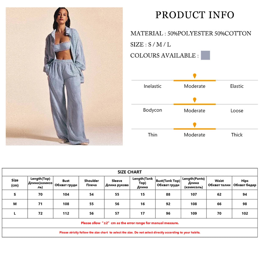 Clacive Fashion Blue Stripe Trousers Set 2 Piece Woman 2026 Elegant Long Sleeve Shirt + Bra With High Waist Wide Pants Set Femal