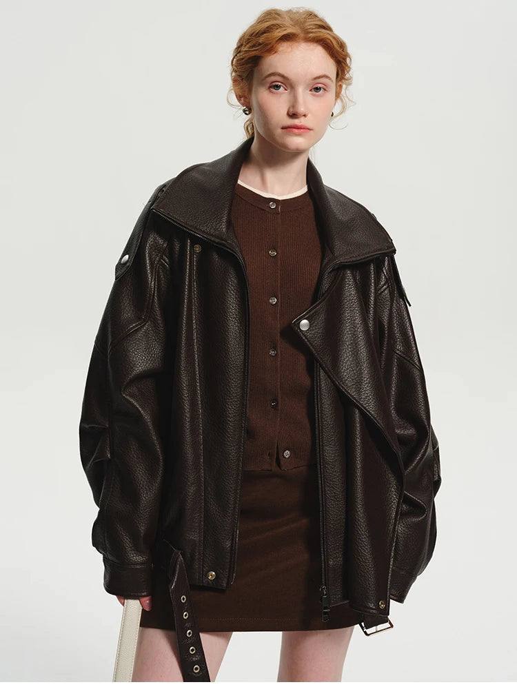 Lautaro Frühling Herbst Kühle Braun Übergroße Pu Leder Jacke Frauen Langarm Zip Up Luxus Designer Amerikanische Retro Kleidung
