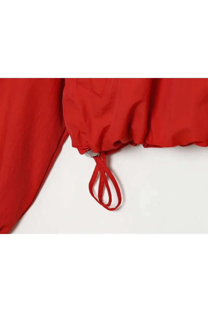 ETJ Damenjacke mit Kapuze und Kordelzug sowie elastischen Bündchen und Saum – Roter, übergroßer Kurzmantel mit Blasenärmeln