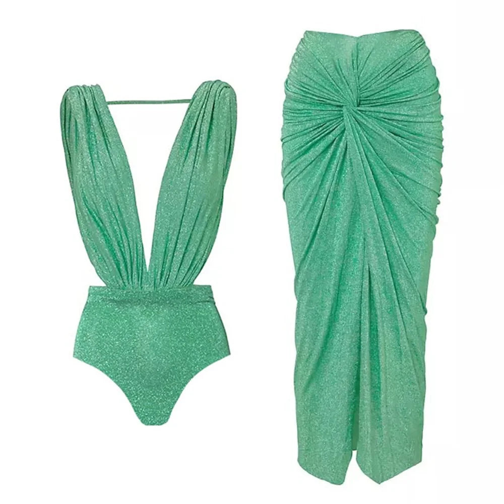 2025 New Swimsuit High-end Niche Design 2Pcs Halter Neck Glitter Fabric Holiday Sexy Hot Spring One Piece Swimsuit for Women