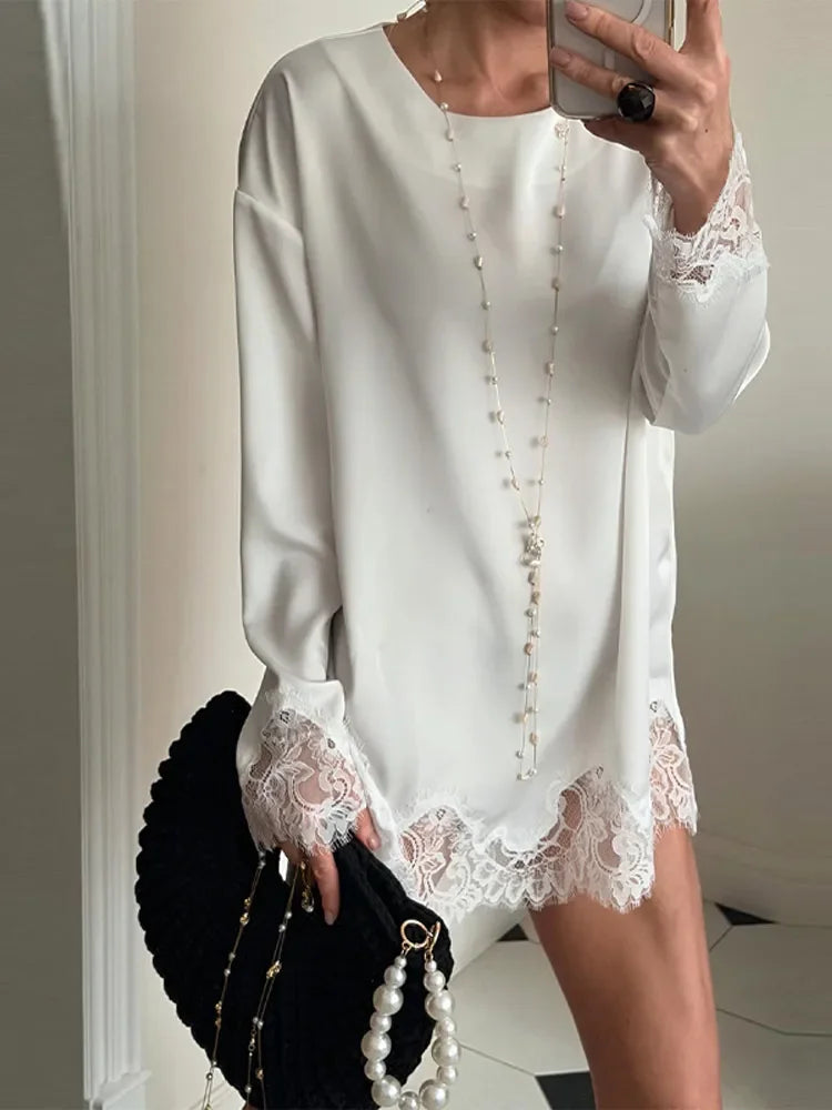 Lady Chic Diamond Beaded Tassel Hem Skirt 2026 Lace Trim Full Sleeve Shirt Short Skirt Outfits Casual Luxury Satin 2 Piece Set