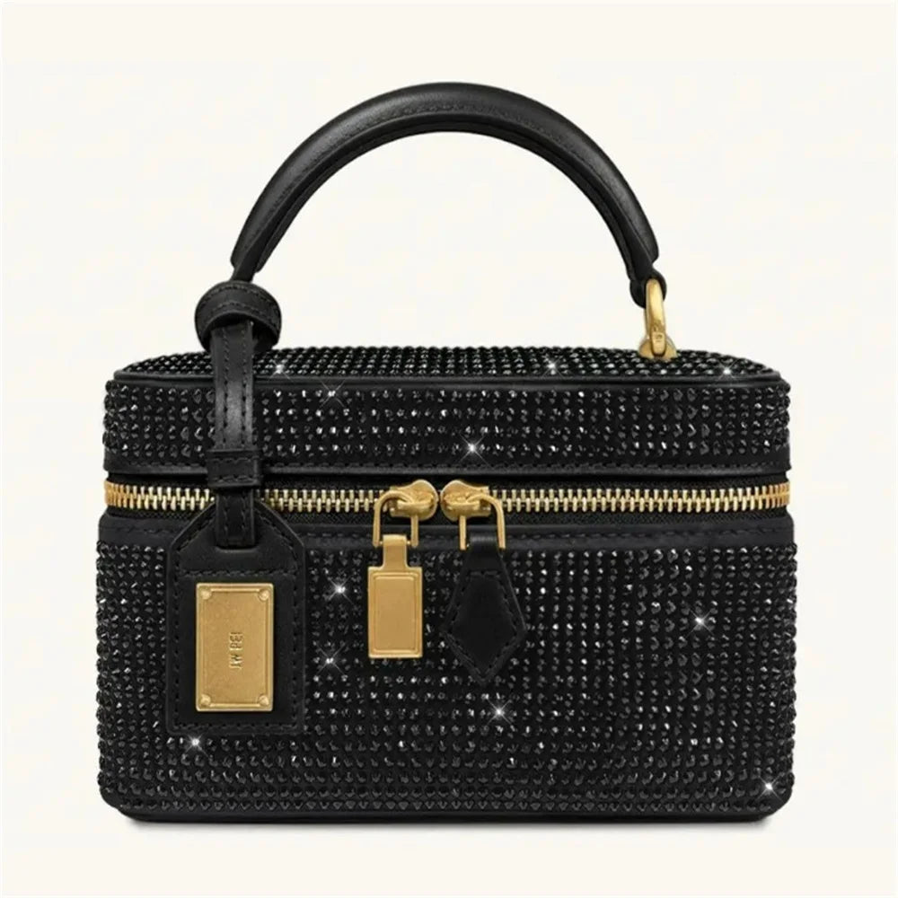 New JWPEI Cleo Crocodile-Print Diamond-Embellished Box Bag, Square Handbag, Crossbody Shoulder Bag, Small Square Bag