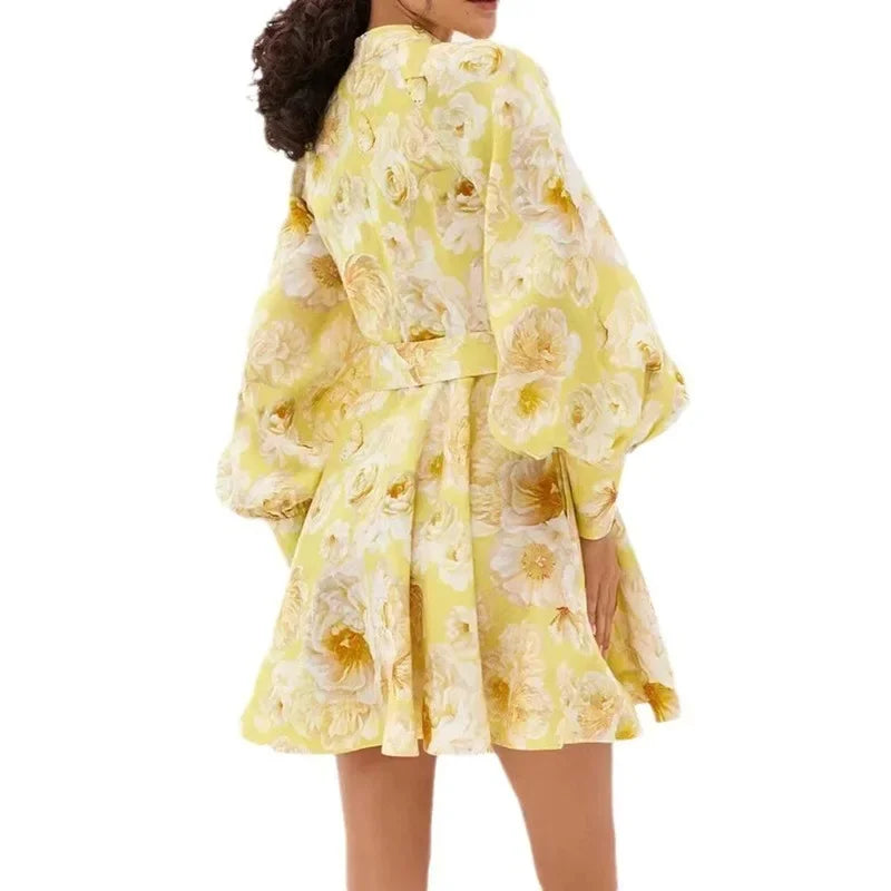 Elegant Floral Print Mini Dress 2025 New Style Stand Collar Single Button Belt Lantern Sleeve Holiday Maxi Skirt Dress