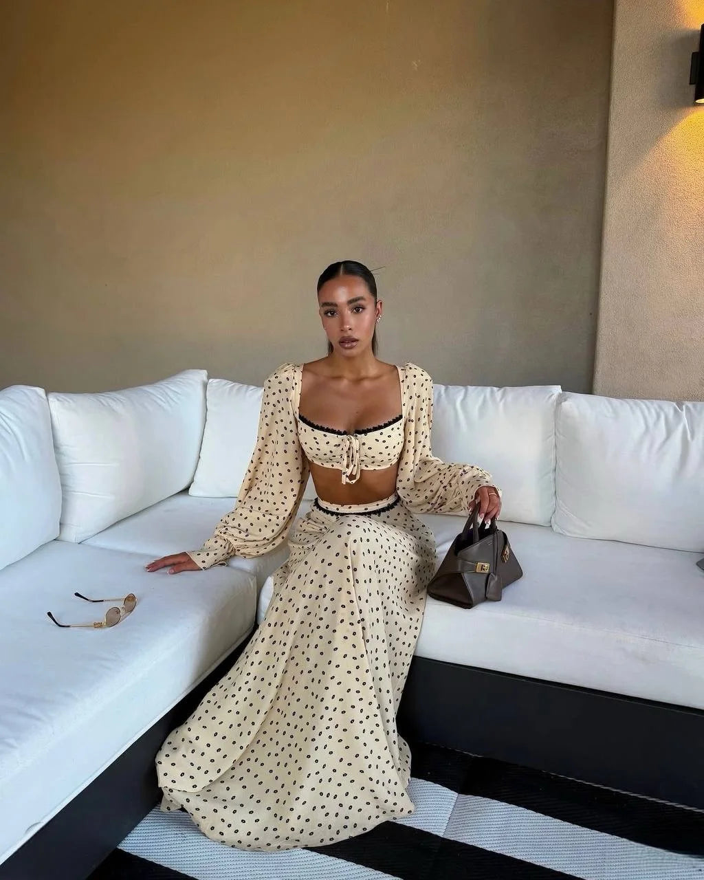 Sexy Polka Dot Tank Top Skirt Women Set Beach Long Lantern Sleeve Tops A-line Trumpet Skirts Suit 2026 Spring Summer Lady Outfit