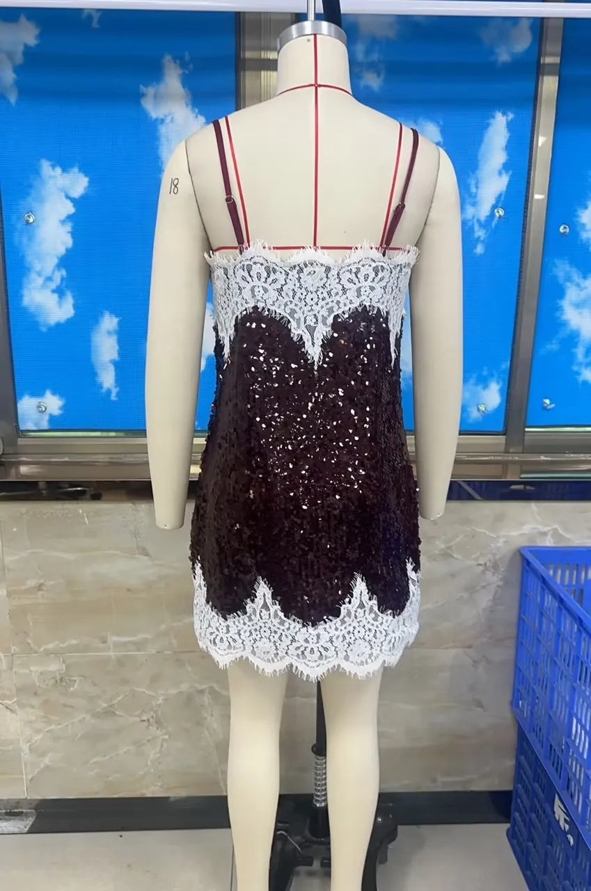 Women Shinny Sleeveless Spaghetti Strap Dress Summer Sequin Sparkly Lace Patchwork V-Neck Party Club Mini Dress Night Gown