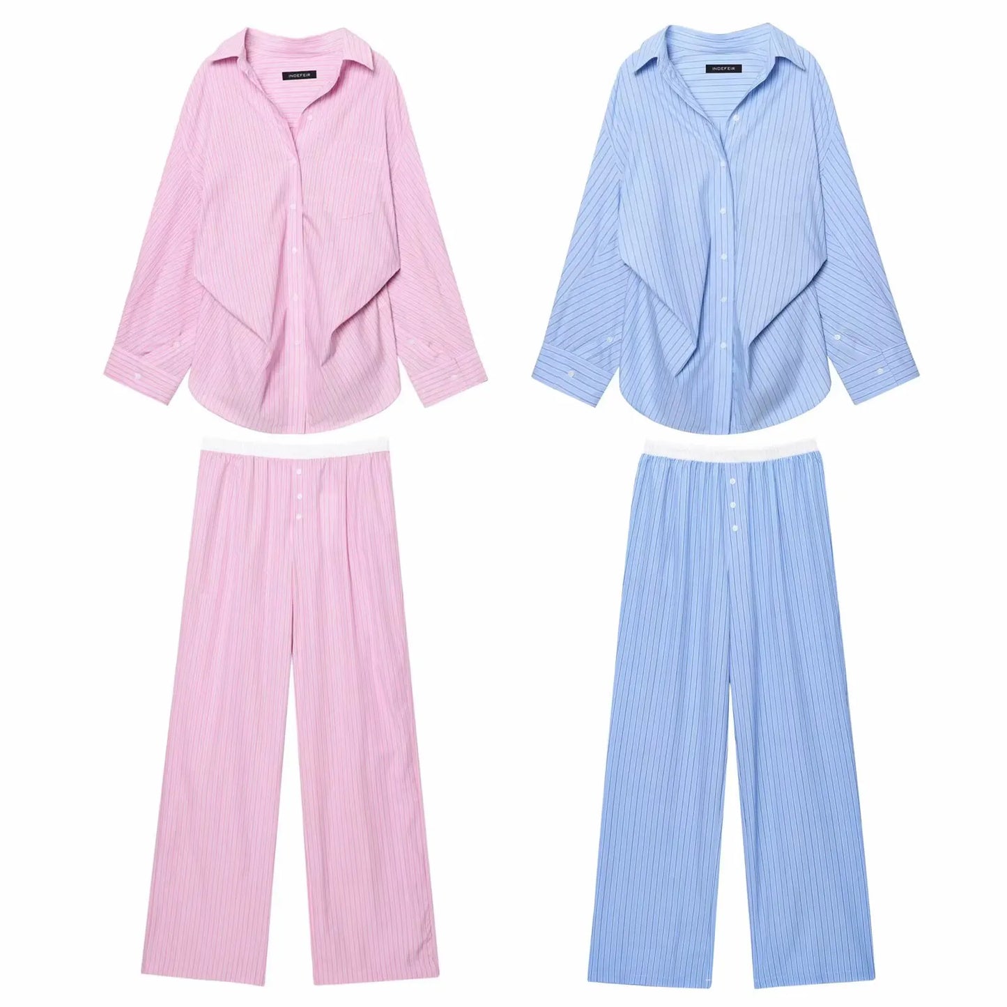 HH Women's Striped Pants Suit Bat Sleeve Loose Poplin Shirt+Elastic Waist Side Pocket Boxer Panties Pajama Style Casual Pant