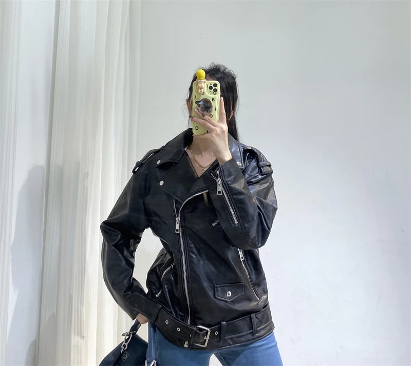 Neue 2025, Damen-Motorrad-Leder, PU-Kunstleder, lockere Jacke, schwarze Jacke