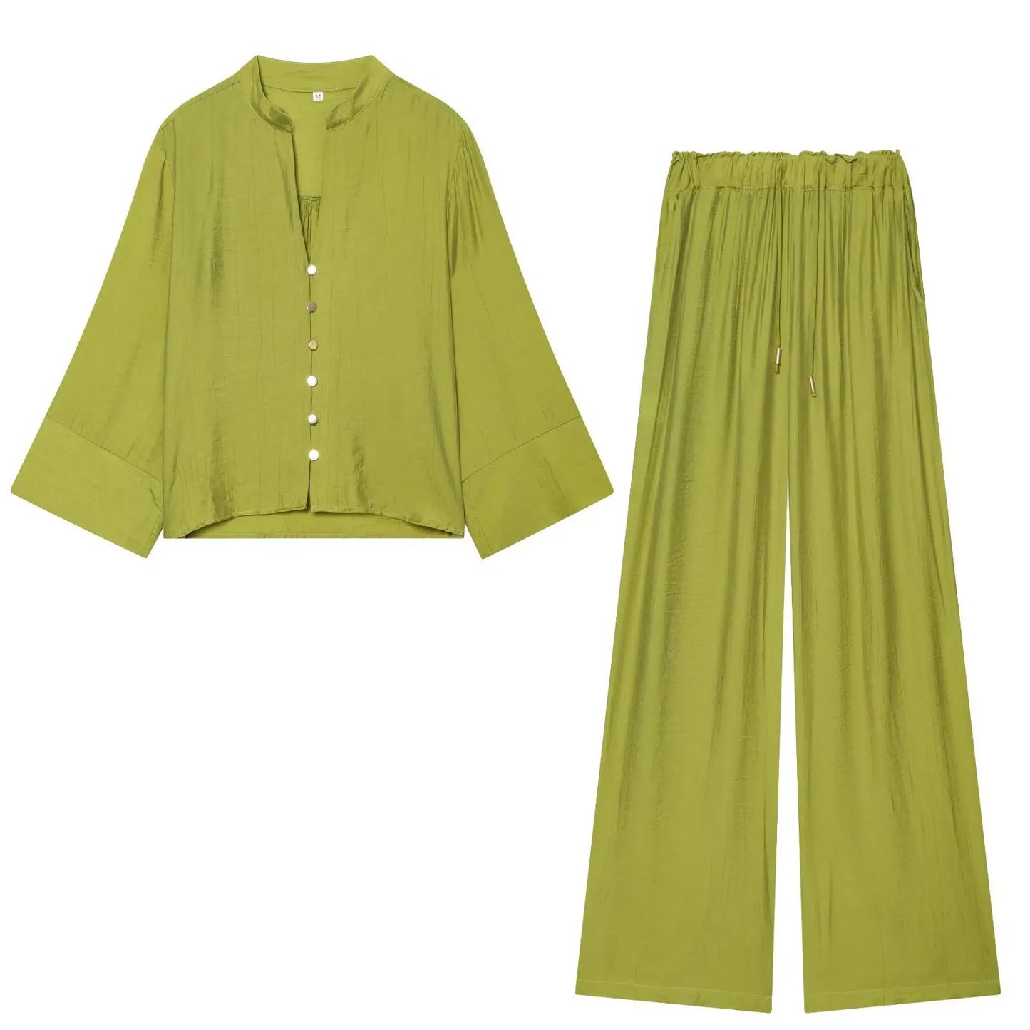 Loose Long Sleeve V-Neck Shirt Elastic Waist High Waist Wide Leg Pants Set Women's Casual Comfortable Polyester Spring Summer