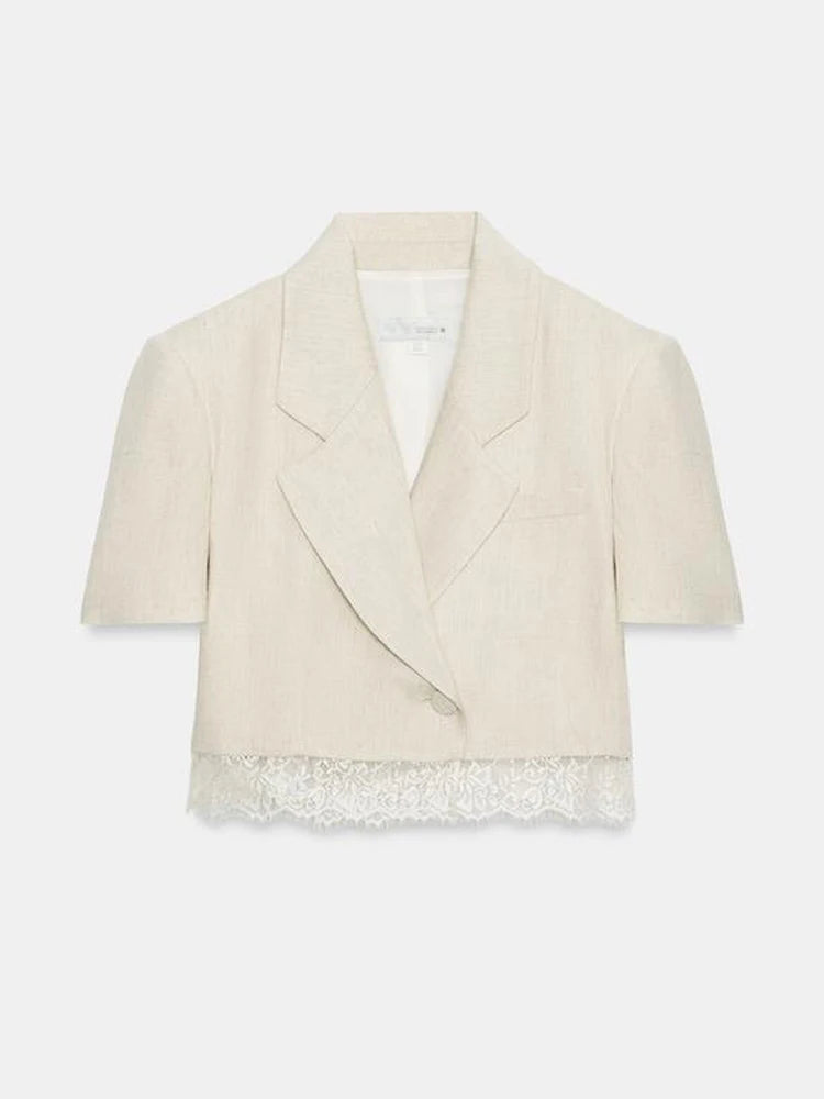 Fashion Lace Patchwork Suit Shorts Two-piece Set Women Lapel Short Sleeved Tops Pockets Pants Suits Summer Office Lady Outfits