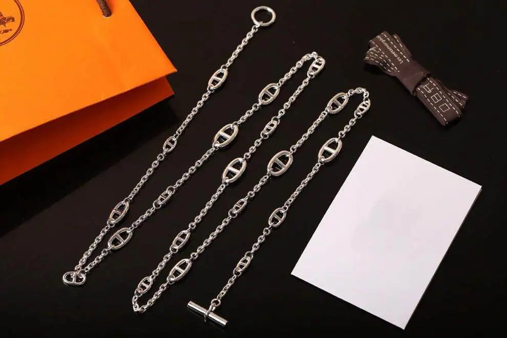Halskette im Industrial-Stil mit Schweinenasen-Design, lange 925er Silber-Schulterkette mit mehreren Schichten, luxuriöse Halskette