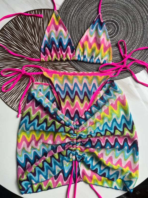 2025 New 3 Pieces Bikinis Sets Knitted Stripe With Skirt Knitting Beachwear Sexy Women's Swimsuit Cover-ups Strappy Beach Wear