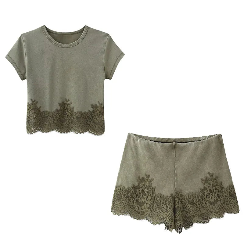 NLZGMSJ 2026 Summer Casual Chic Women Lace Suit O-Neck Short Sleeve Top Straight Loose Shorts Fashion Holiday Sets