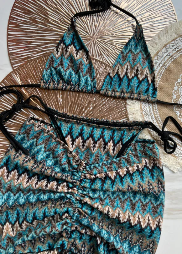 2025 New 3 Pieces Bikinis Sets Knitted Stripe With Skirt Knitting Beachwear Sexy Women's Swimsuit Cover-ups Strappy Beach Wear