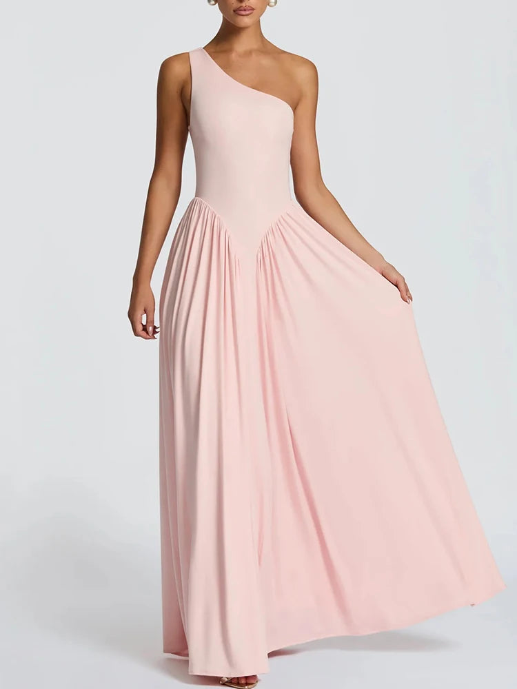 Mozision One Shoulder Backless Sexy Maxi Dress Women Elegant Diagonal Collar Sleeveless Bodycon Pleated Club Party Long Dresses