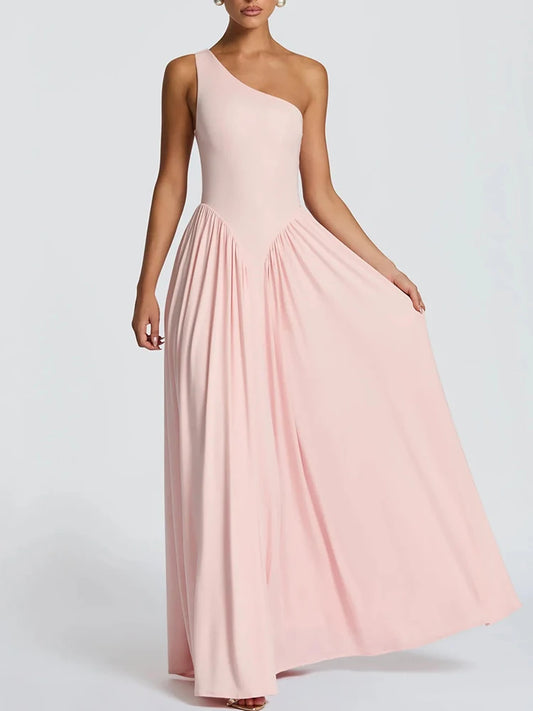 Mozision One Shoulder Backless Sexy Maxi Dress Women Elegant Diagonal Collar Sleeveless Bodycon Pleated Club Party Long Dresses