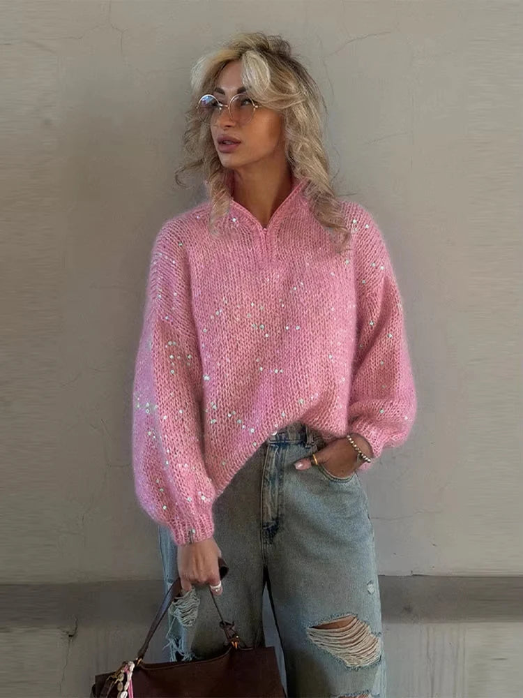 Casual Pailletten Lose Pullover Frauen Volle Hülse Gestrickte Solide Shinny Revers Reißverschlüsse Pullover Weibliche 2026 Frühling Dame Outwears