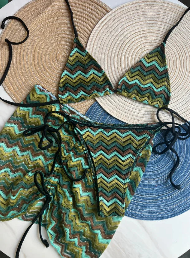 2025 New 3 Pieces Bikinis Sets Knitted Stripe With Skirt Knitting Beachwear Sexy Women's Swimsuit Cover-ups Strappy Beach Wear