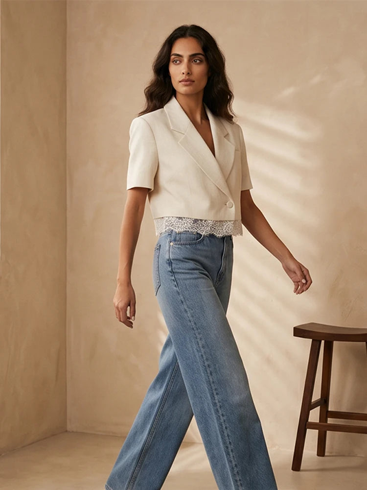 Fashion Lace Patchwork Suit Shorts Two-piece Set Women Lapel Short Sleeved Tops Pockets Pants Suits Summer Office Lady Outfits