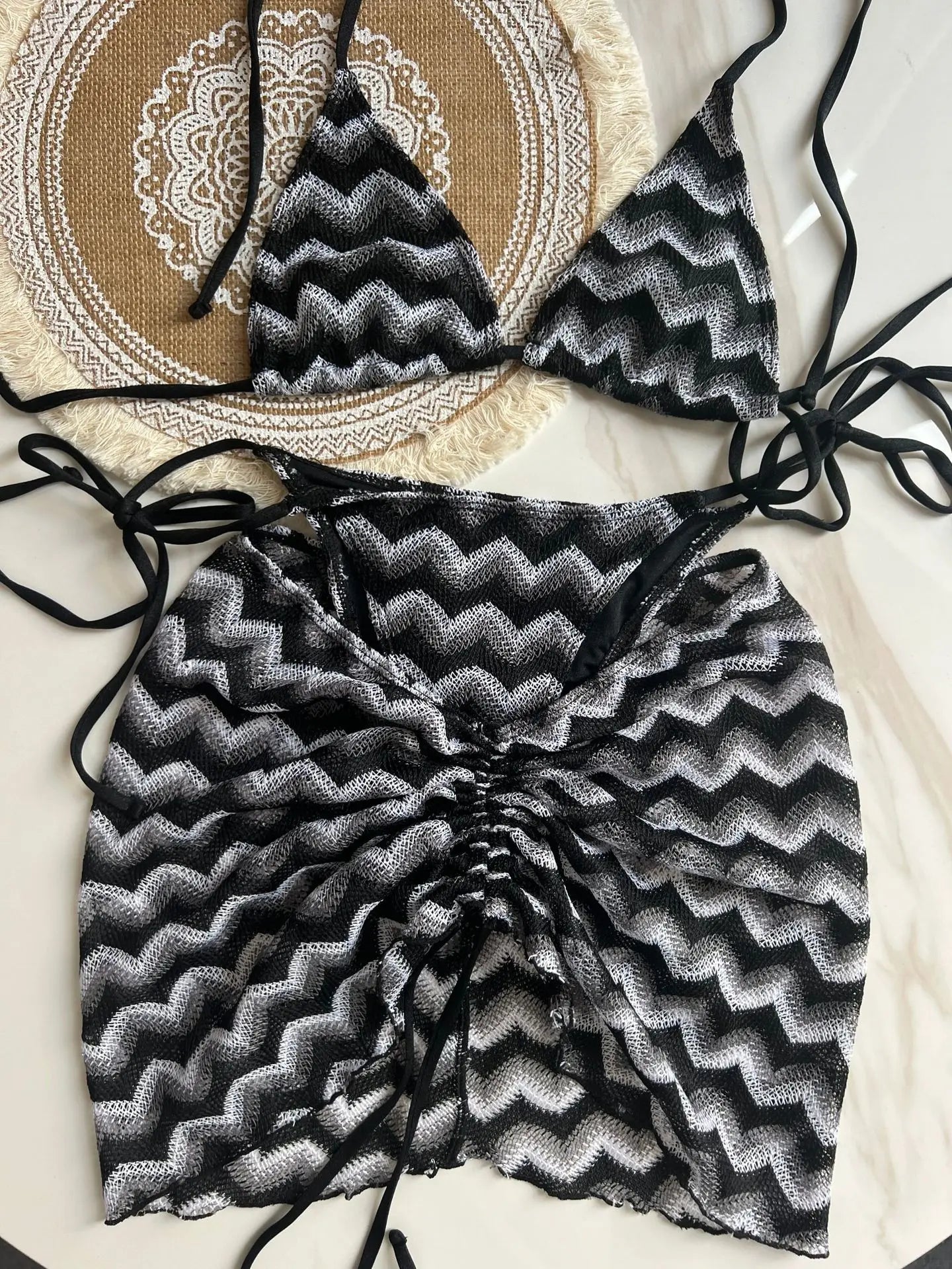 2025 New 3 Pieces Bikinis Sets Knitted Stripe With Skirt Knitting Beachwear Sexy Women's Swimsuit Cover-ups Strappy Beach Wear