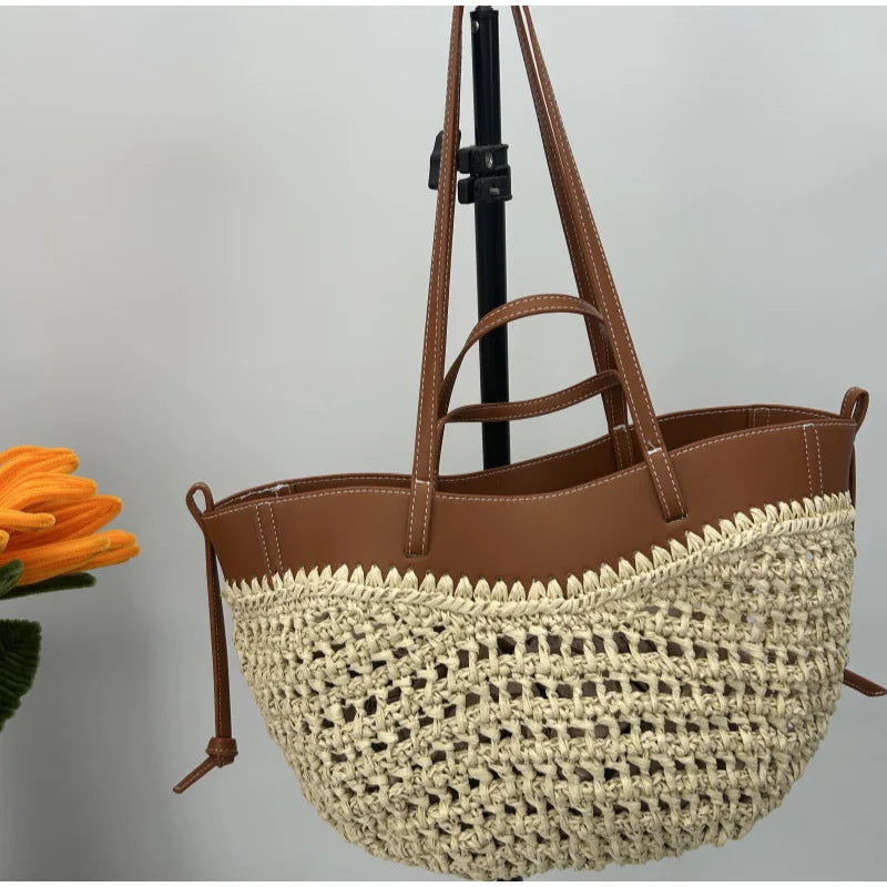 Women Straw 2in1 Woven Bag Fashion Plush Wings Armpit Bag Large Capacity Dumpling Straw Shoulder Bag For Summer Beach Bucket Bag