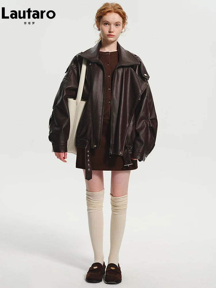 Lautaro Frühling Herbst Kühle Braun Übergroße Pu Leder Jacke Frauen Langarm Zip Up Luxus Designer Amerikanische Retro Kleidung