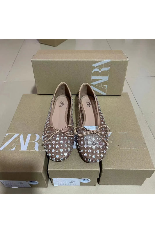Atmungsaktive flache Schuhe mit Schmetterlingsknoten und Strassverzierung, modische neue Sommerschuhe für Damen, runde Zehenpartie, niedriger Absatz, Gummi...