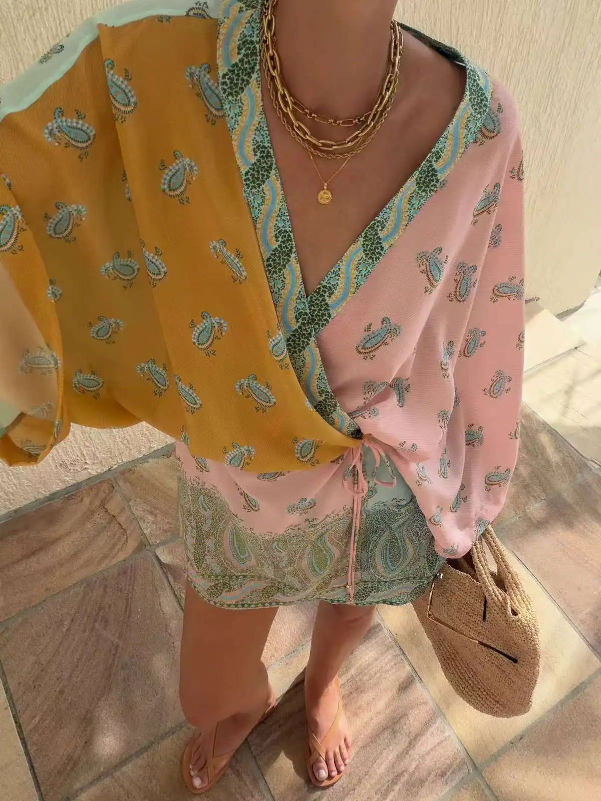 Bohemian Paisley Print Wrap Blouse Women V Neck Kimono Sleeve Self Tie Side Split Tunic Top Summer Beach Cover Up Casual Boho Ho