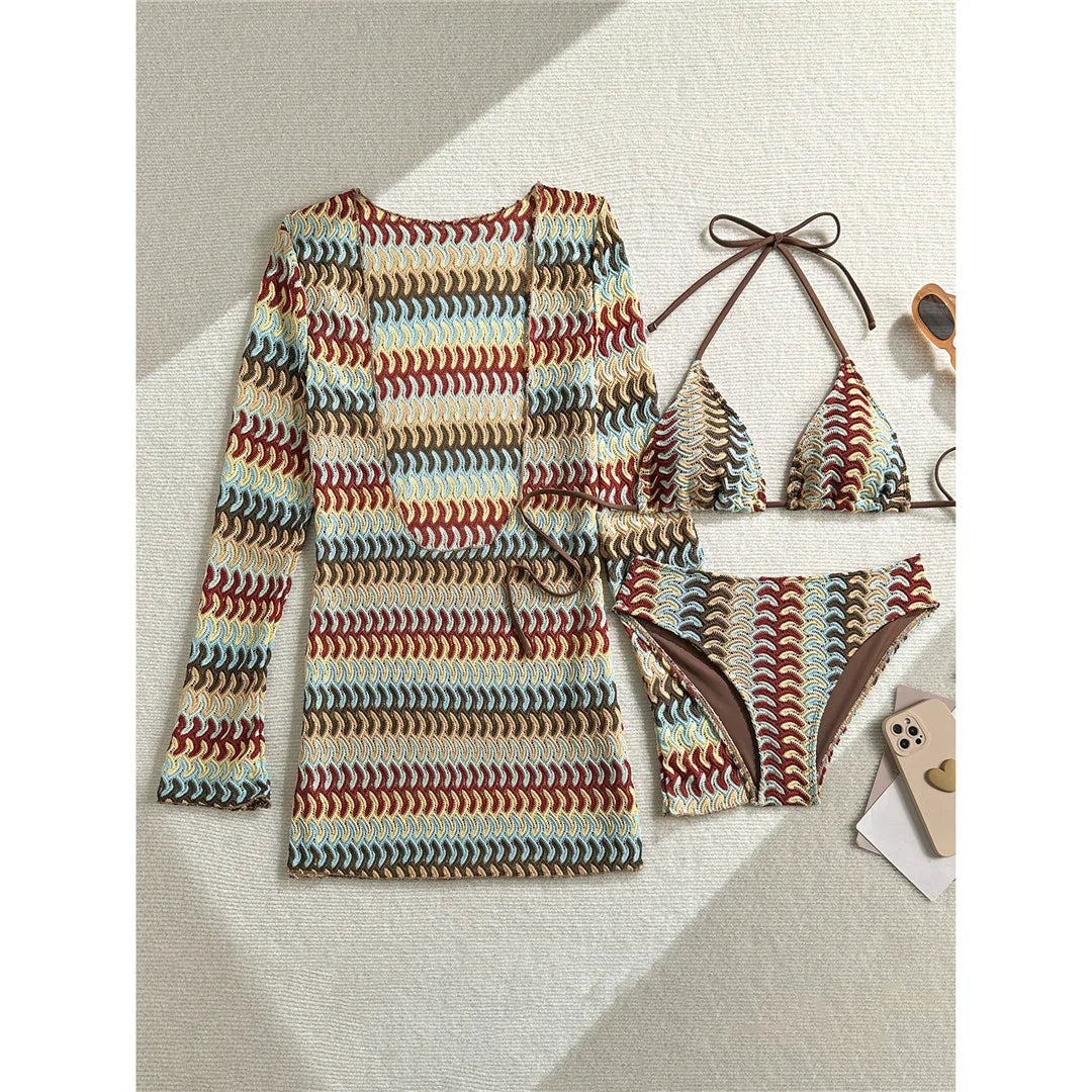 With Long Sleeve Cover Up Printed Bikini Women Swimwear Female Swimsuit Three-pieces Bikini set Bather Bathing Suit Swim M167